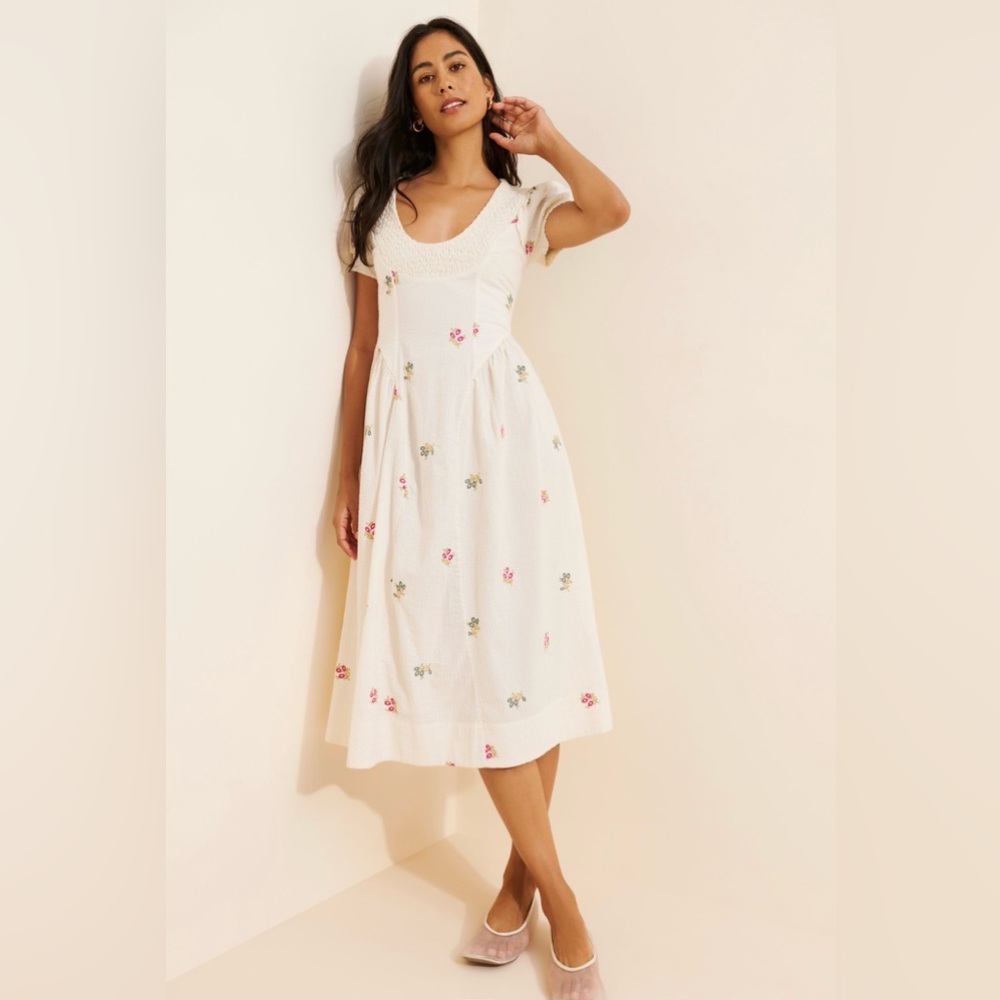 NWT Free People White Midi Dress with Pink & Green Floral Embroidery